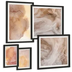 BILDER SET 5er Set - 50x50 cm & 20x30 cm & 40x60 cm Schwarzer Rahmen - Warme Aquarellfarben auf Leinwand