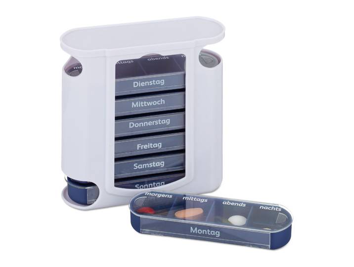 Pillendose 7 Tage 4 Fächer Weiss-Dunkelblau-Transparent