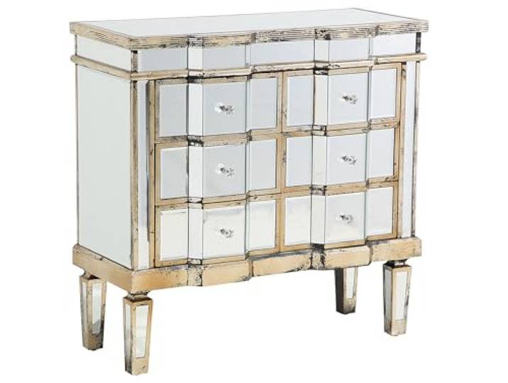 Beliani Kommode mit 6 Schubladen Silber Glas 6 im Glamour Stil Glamourös, Benötigt keine Montage, 81 x 35 x 80 cm