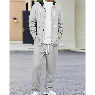 Herren Leichte Jacke Waffeljacke Freizeitjacke Set Urlaub Täglich Atmungsaktiv Tasche 2 teilig Frühling Herbst Farbblock Mode Klassisch Mit Kapuze Regulär Schwarz Weiß Khaki Grau Jacken