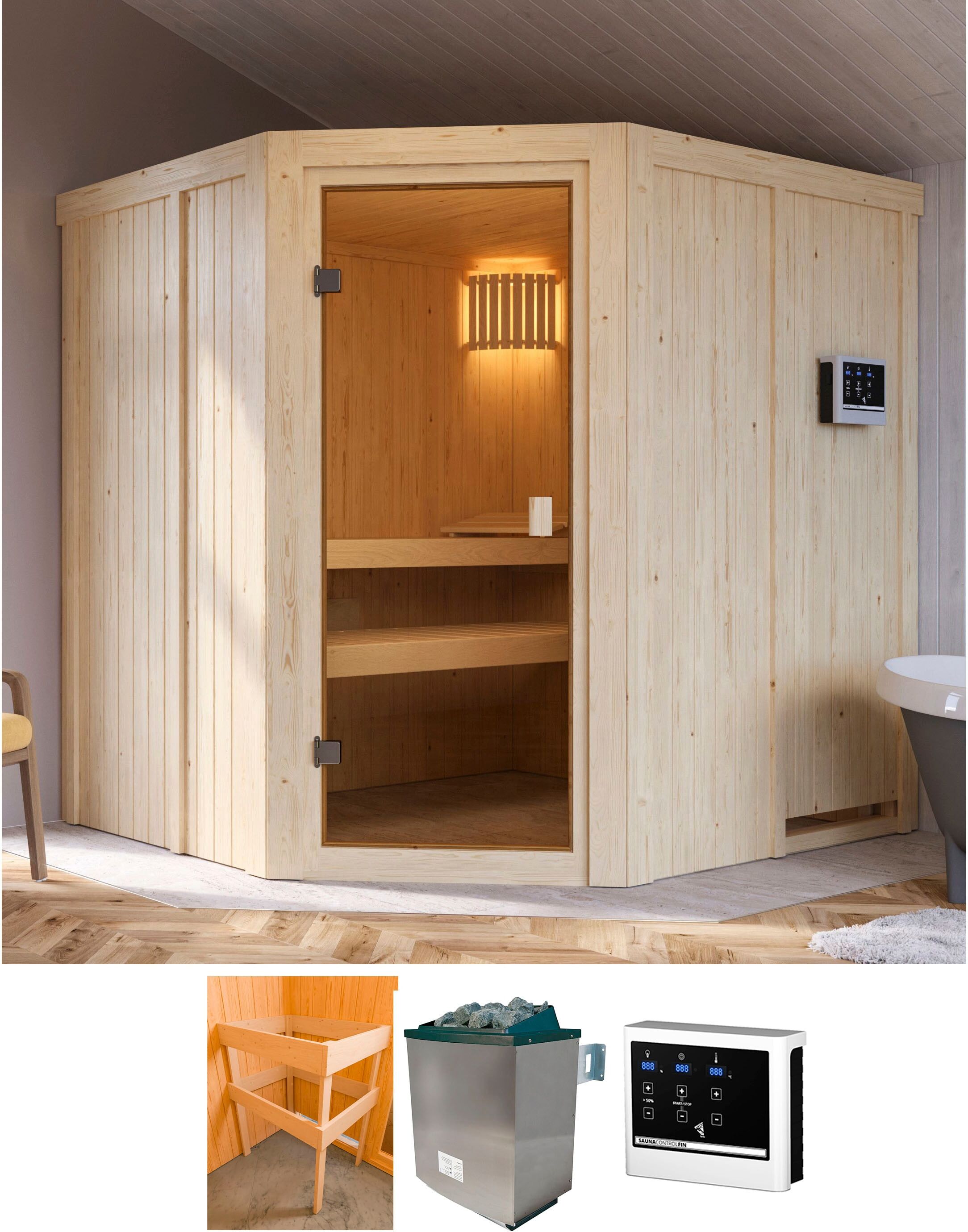 Sauna KARIBU "Bodo", beige (natur), Saunaofen, externe Steuerung, 9 kW, Saunen, Ofen 9 KW externe Strg easy
