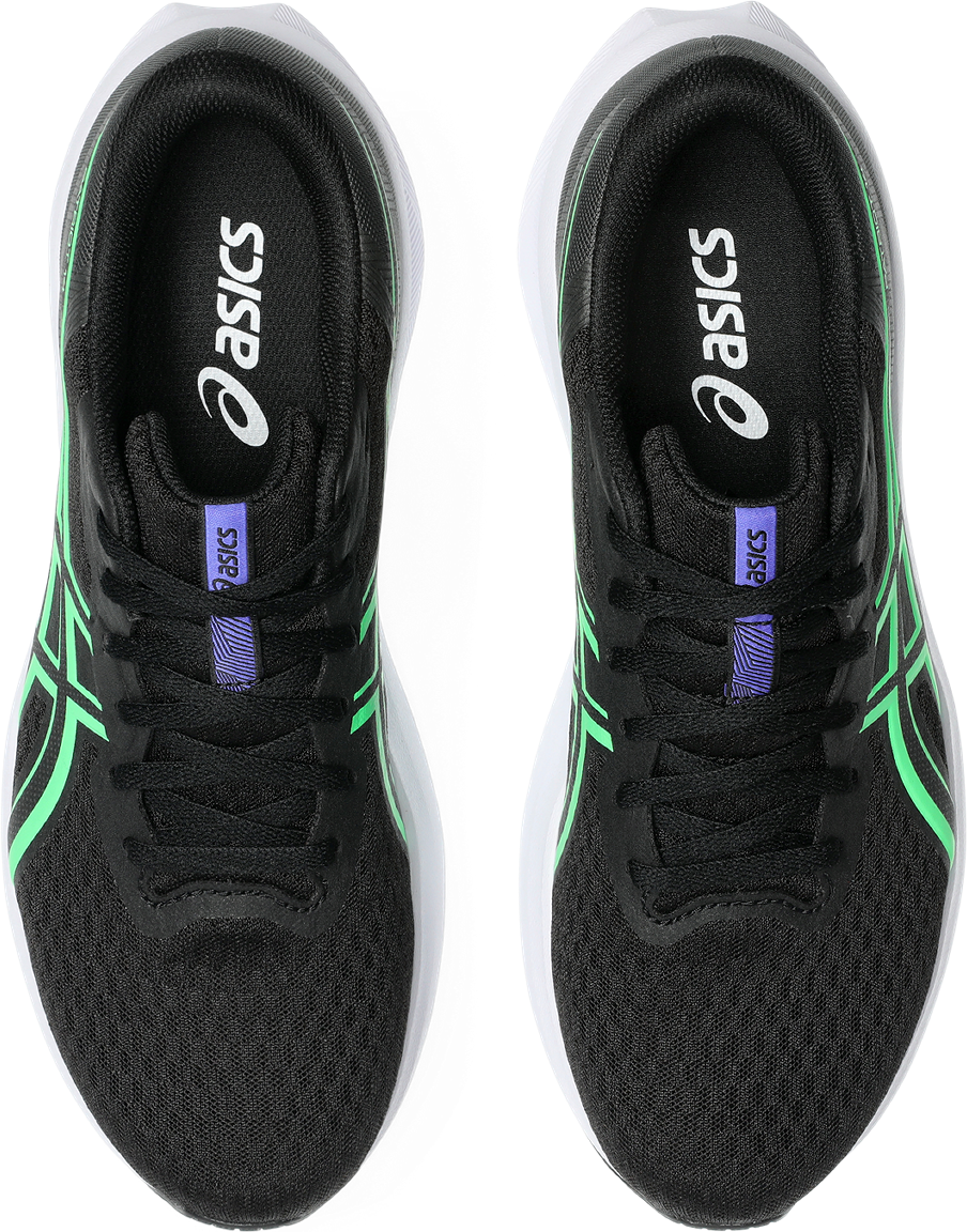 Laufschuh ASICS "PATRIOT 14", Herren, Gr. 44,5, schwarz (schwarz, vital grün), Synthetik, Schuhe Laufschuh, atmungsaktives Mesh-Obermaterial, Energiegeladene Mittelsohle