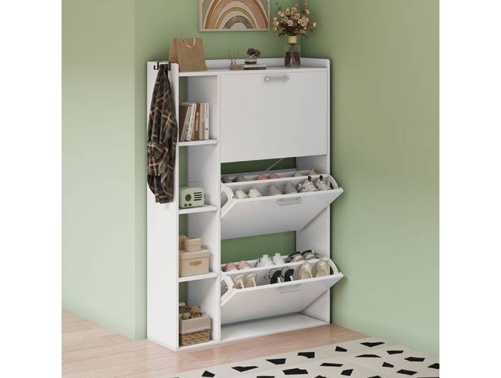 Meuble à Chaussures avec 3 flips-Étagère Rangement avec compartiment ouvert-Avec dispositif anti - inclinaison-18-24paires-Blanc