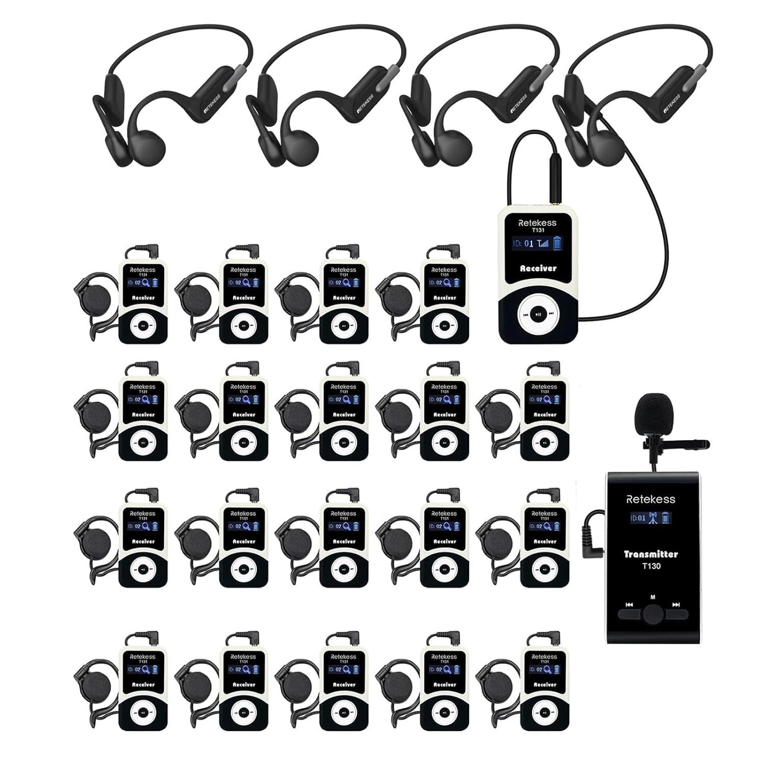Retekess T130 Tour Guide System Set, mit Knochenleitungskopfhörern, 99 Kanäle, 200 m, Geräuschunterdrückung, klare Sprachübertragung, für Reisebüro
