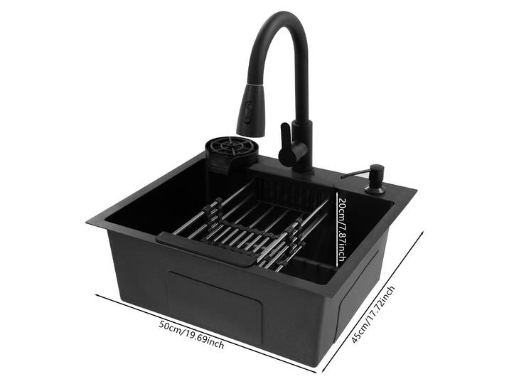 Évier de cuisine en acier inoxydable 201 avec robinet extractible, panier d'égouttage, distributeur de savon 50x45CM