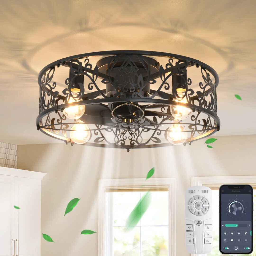 Blue Elephant 50cm Farmhouse Reversible Caged Ceiling Fan with Light Kit And Remote Black 30cm