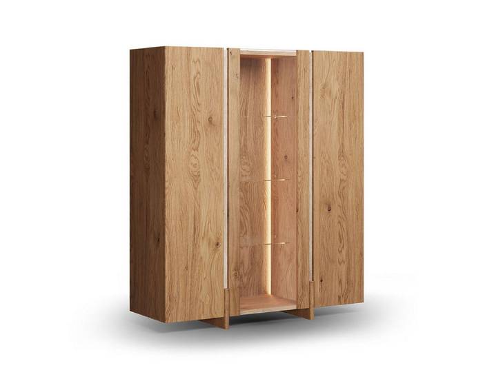 Feldmann-Wohnen Vitrine Travertino (mit Türen, mit Einlegeböden, mit Glaseinsatz, mit Beleuchtung, 1-St., mit Türen, mit Einlegeböden, mit Glaseinsatz, mit Beleuchtung) 3-türig Massivholz Wildeiche Natur, mit Travertin Naturstein