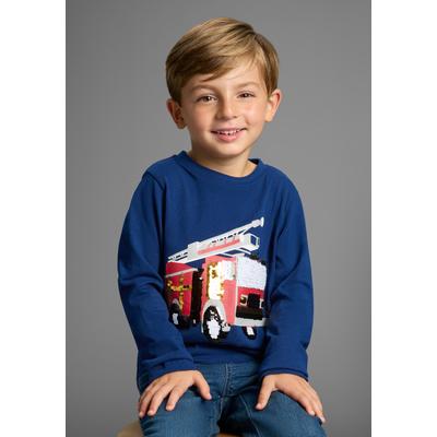 Langarmshirt KIDSWORLD "Feuerwehr Pailletten Shirt", Jungen, Gr. 104/110, blau, Single Jersey, Obermaterial: 100% Baumwolle, bedruckt, Basic hüftlang, Rundhals, Shirts Langarmshirt, Shirt mit Feuerwehr Wende-Pailletten