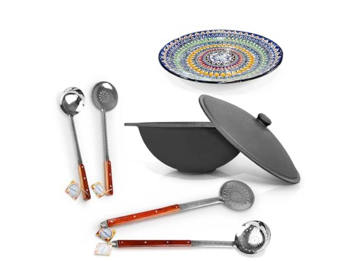 ZARENHOFF Set - Kasan Usbekisch Gusseisen 22 L flacher Boden, Deckel, 2 Schaumlöffel 64 cm, Schöpfkelle 48 cm, Schaumlöffel 48 cm Lagan Ø 42 cm Camping Kasan Gulaschkanone (Set - 637)