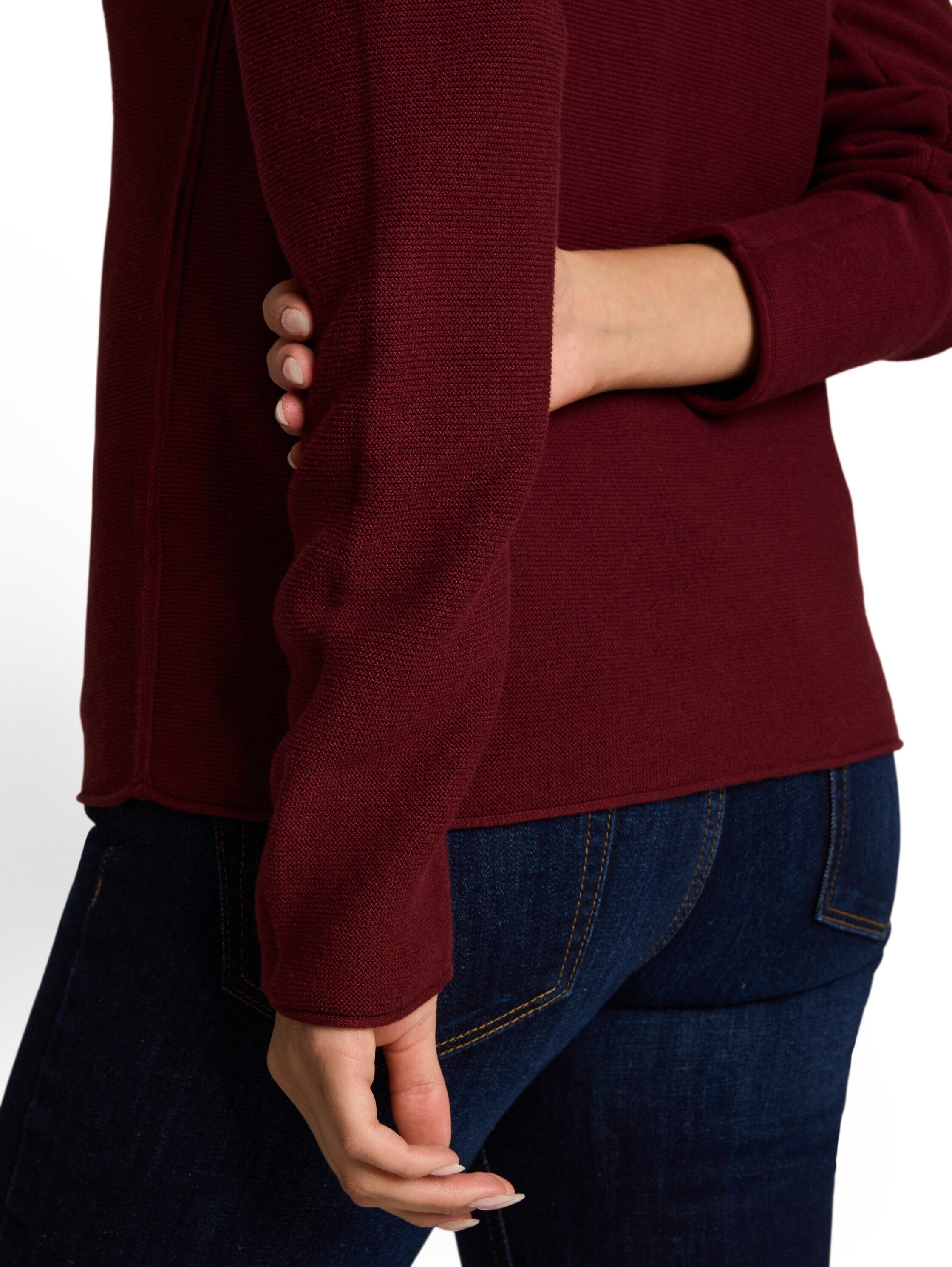 Strickpullover TOM TAILOR "Regular", Damen, Gr. M, rot (preppy plum), Strick, Obermaterial: 100% Baumwolle, unifarben, regular fit hüftbedeckend, Rundhals, Rollkante, Pullover Strickpullover, mit Rundhals und Rollkanten preppy plum M