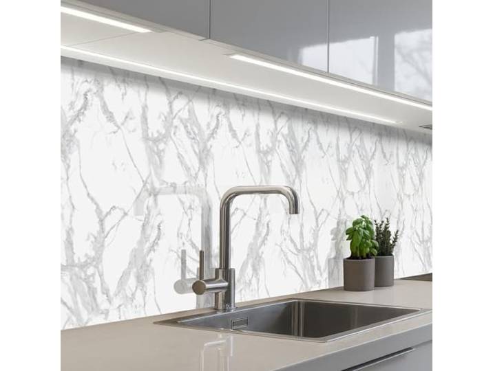 KitchenYeah© Spritzschutz Küche Küchen Rückwand Küchendeko Wand Wandschutz 60x400 cm - Selbstklebend Backsplash Kitchen Peel And Stick Marmor - Rein - Grau - Adern