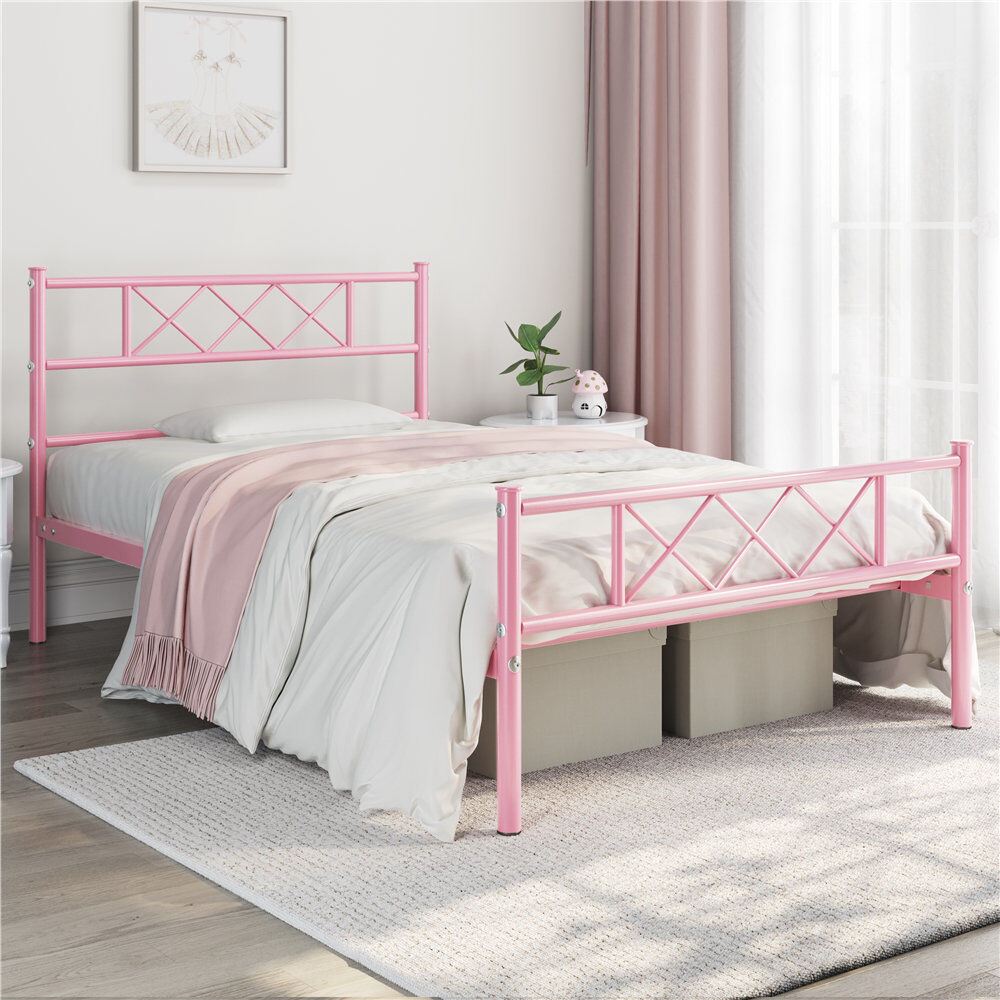 Yaheetech Modern Metal Bed Frame with Cross-design Headboard & Footboard Pink Single (3')