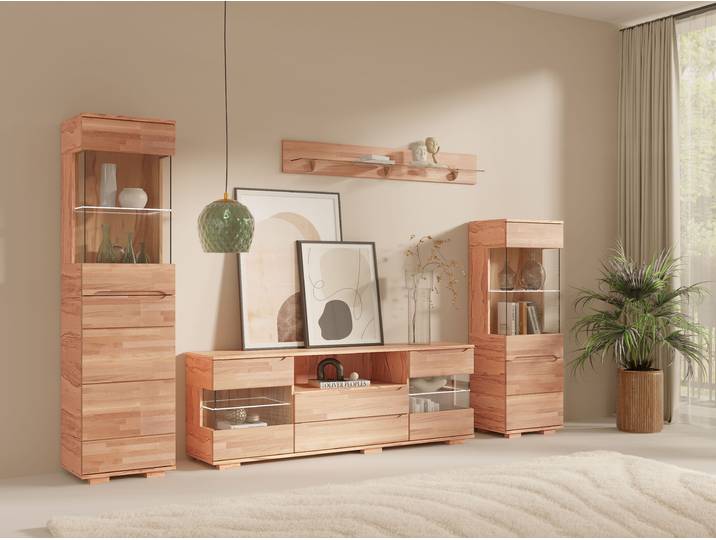 Wohnwand GOODPRODUCT VETRO: besteht aus 2 Vitrinen, 1 Lowboard & 1 Wandregal, Wohnzimmer. , braun (kernbuchefarben), Kastenmöbel-Sets, Wohnwand, Breite:280cm,Türen aus Massivholz mit Glaseinsätzen,Korpus aus Melamin