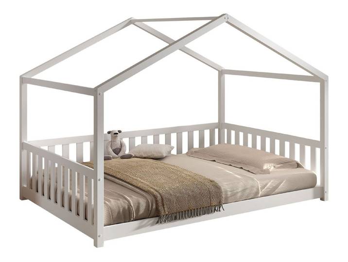 58 aufm Kessel Kinderbett Hausbett Kapua 140x200 auch als Bodenbett Kiefer Massivholz Weiß (inkl. Versand, Lieferung bis Verwendungsstelle), Umbaufähiges Hausbett mit abnehmbarem Dach und vielseitiger Nutzung