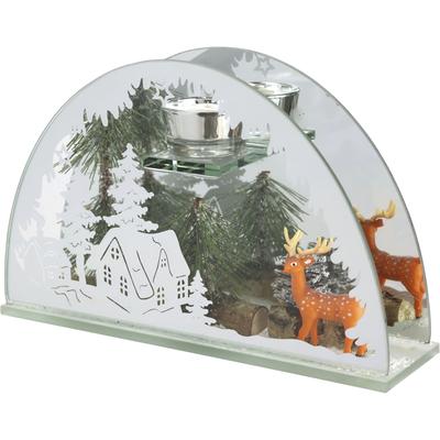 Teelichthalter I.GE.A. "Weihnachtsdeko, Kerzenhalter, Deko-Objekt", transparent, B:25cm H:15cm T:7cm, Glas, Kunststoff, Kerzenhalter, Teelichthalter, aus Spiegelglas, mit Hirsch-Deko in Winterlandschaft, Höhe ca. 15 cm