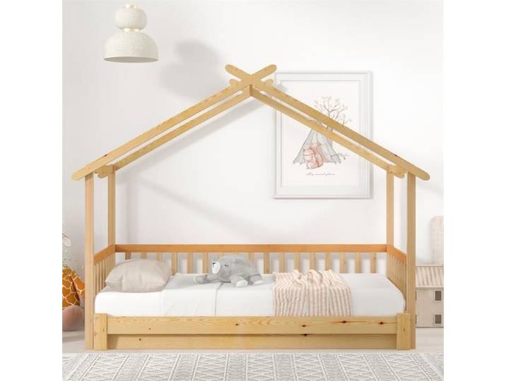 DRIPEX Lit cabane extensible 200x90cm Lit Maison en bois massif lit enfant avec sommier à lattes naturel