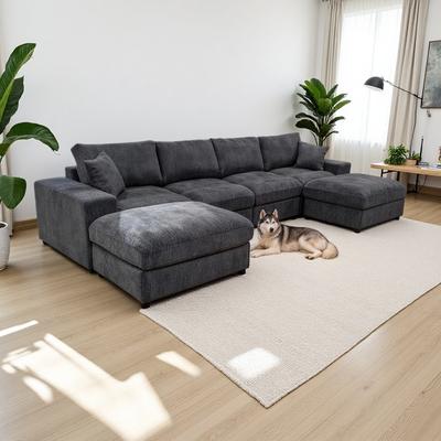 ZWYO HOSIMU "134"" Upholstered Modular Sectional Sofa with Two Movable Ottomans and Toss Pillows for Living Room"