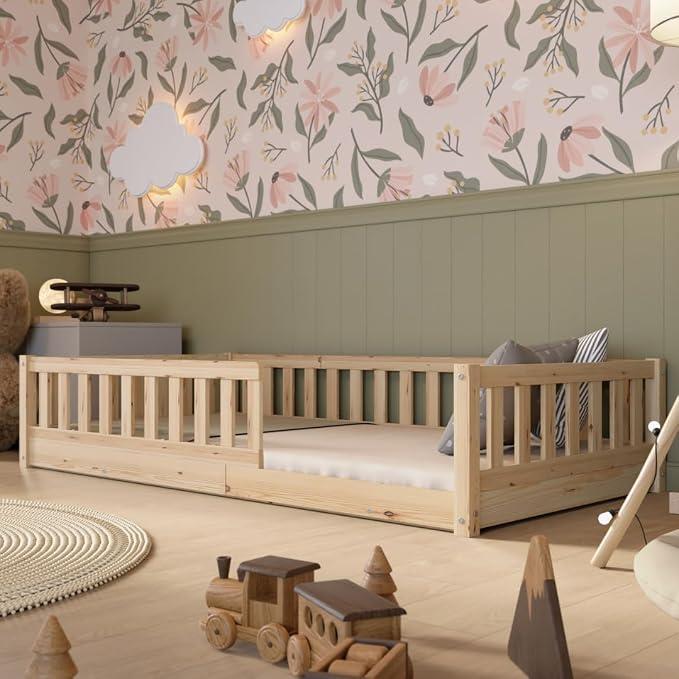 Kinderbett 100x200 cm - Massives Montessori Bodenbett aus Holz mit Rausfallschutz - Sicheres Kleinkindbett - Skandinavisches Design, Leichte Montage - Crazy Basic