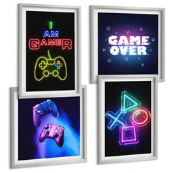 BILDER SET 4er Set - 50x50 cm & 40x60 cm Silberner Rahmen - Gamepads, Spielersymbol-Untertitel