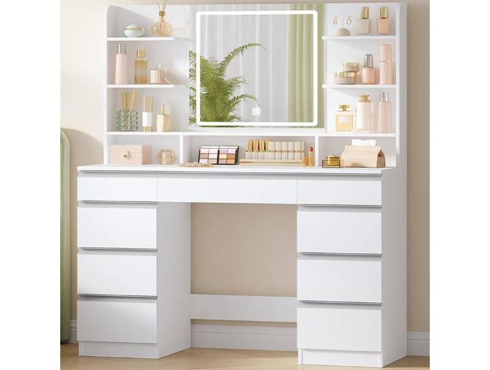 Hzuaneri Coiffeuse avec Miroir LED 3 Couleurs Luminosité Réglable 9 Tiroirs 9 Étagères Blanc Argenté DT41903W