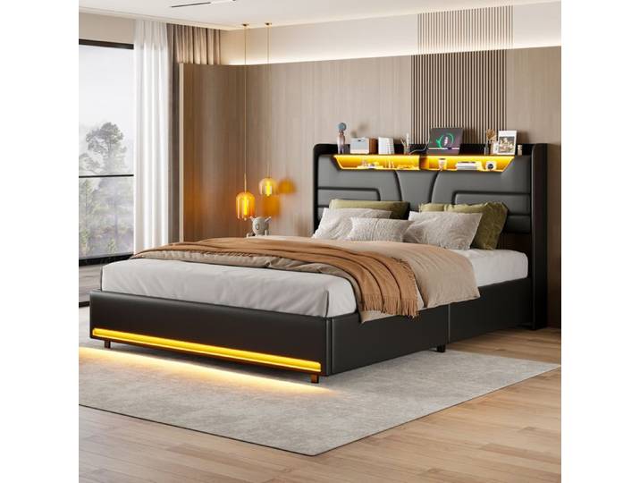 Lit double coffre - LUMINARIX - 140x190 cm - Noir - LED intégrée - Ports USB