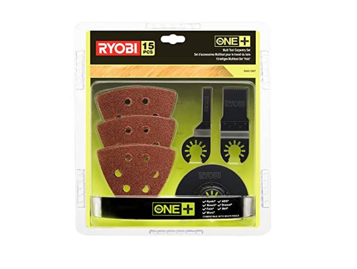 RYOBI Kit 15 Accessoires Multitool RAK15MT Lames et Abrasifs pour RMT18 Contient 2 pièces de coupe\, plongeante et segment\, ainsi que 12 feuilles\, travail du bois\, rénovation\, fixation standard