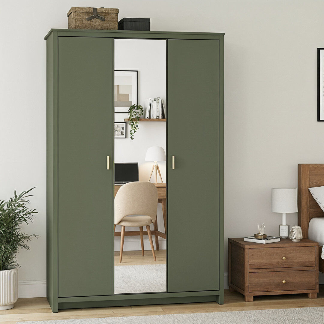 Brayden Studio Bonnie 3 Door Wardrobe with Mirror Kale Green 179.9cm H X 105.4cm W X 51.8cm D