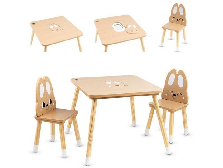 Moni Kindertisch Hase, 60 x 60 cm, Tischset, 2 Stühle, Holz, Stauraum, Hasen-Design