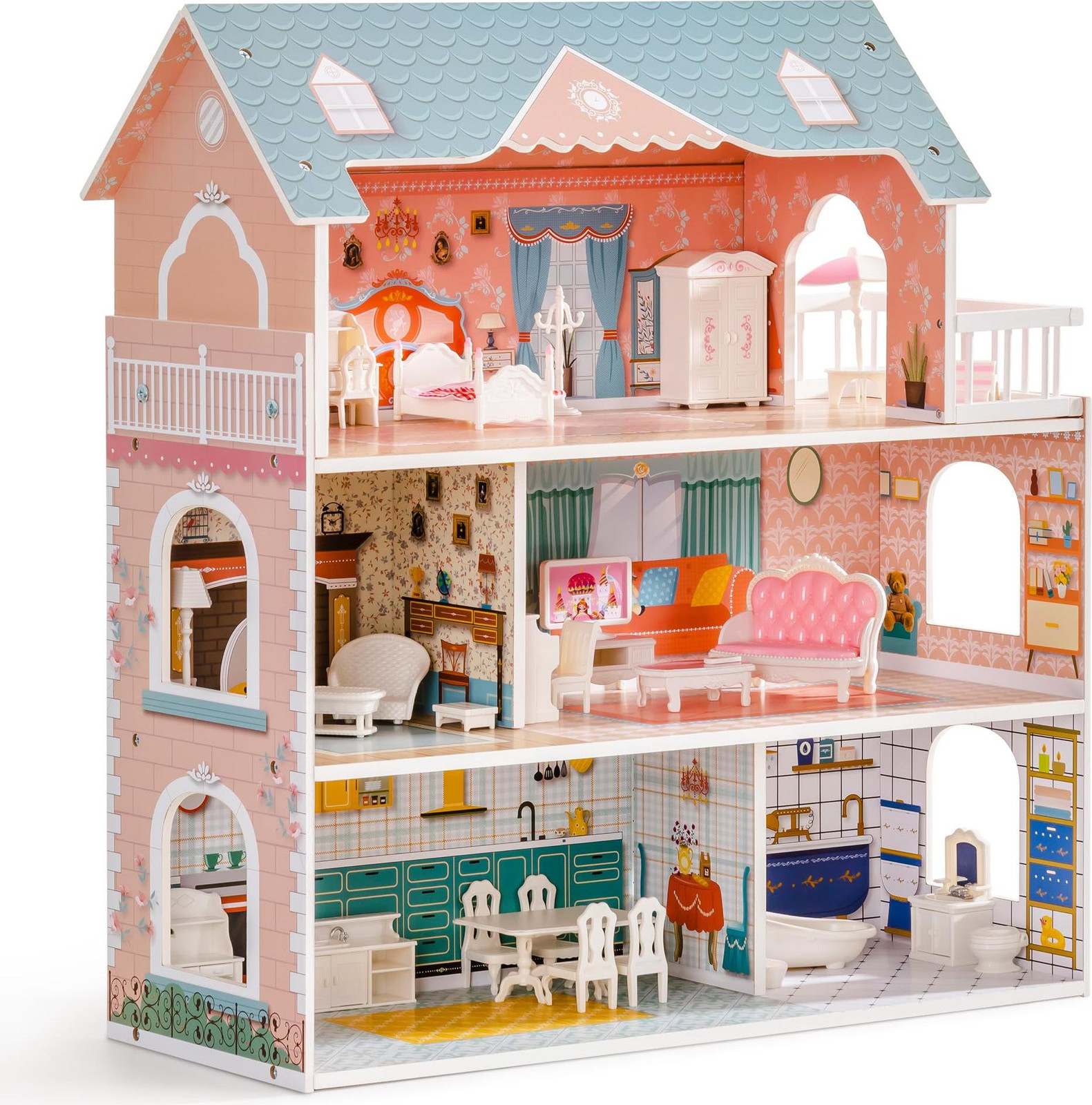 Robuust houten poppenhuis met meubels en accessoires voor meisjes