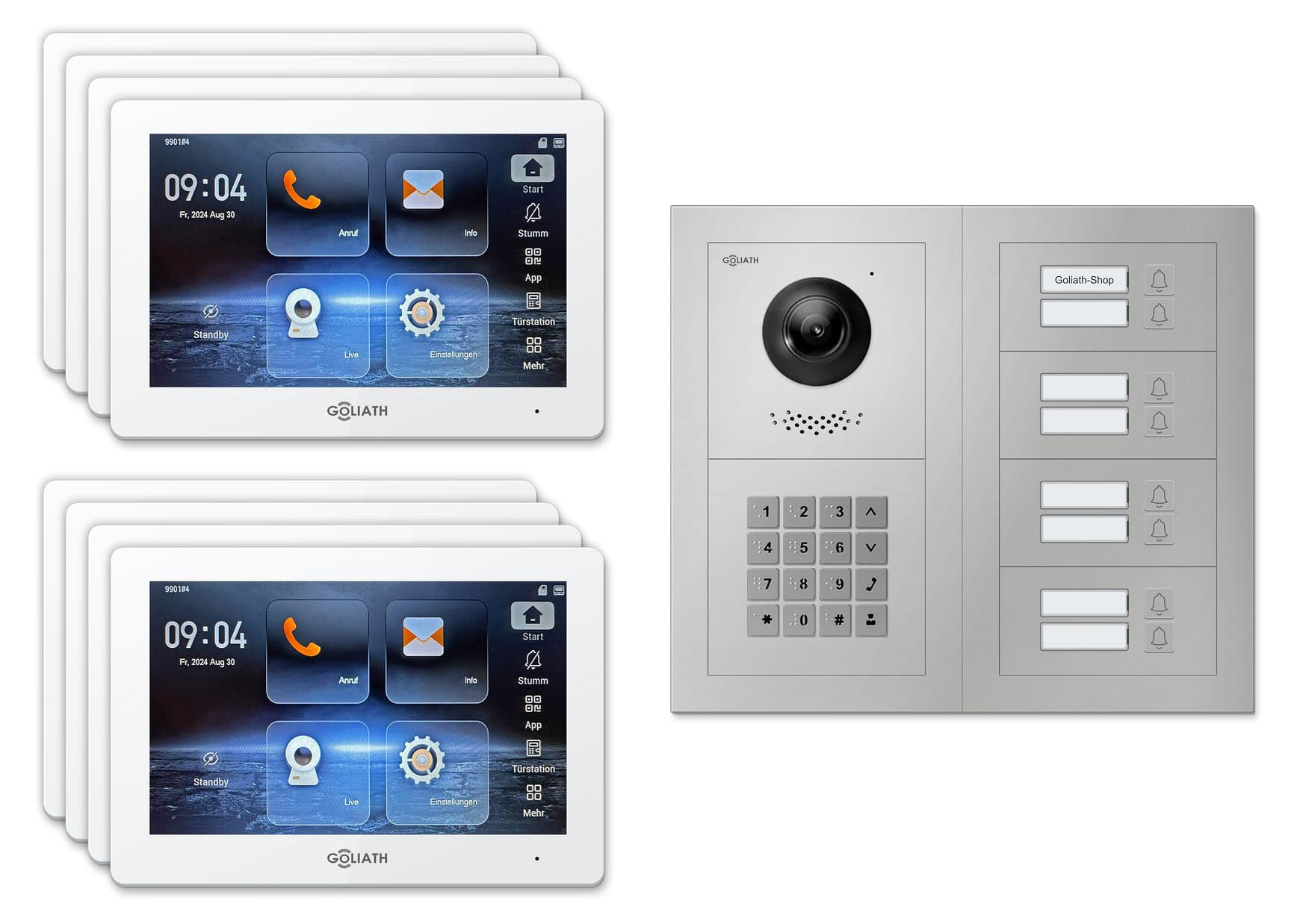 Goliath Premium IP GL-IPH825 Video-Türsprechanlage, 8 Familien, 8× 7 Zoll Weiß, Silber, Unterputz