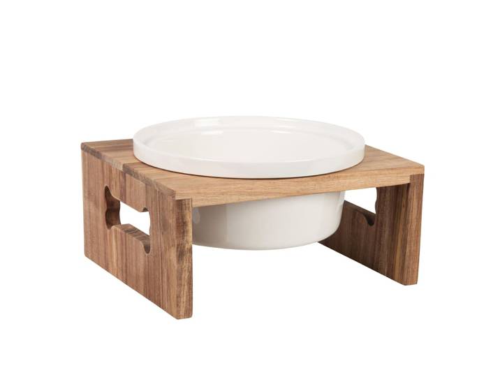 Hundenapf aus Steinzeug mit Holzhalterung, beige und braun