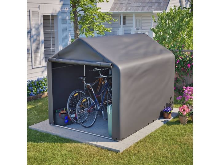 Abri de vélo extérieur gris 160x220x165cm, porte à enroulement en PE imperméable, abri de jardin coupe-vent et anti-pluie