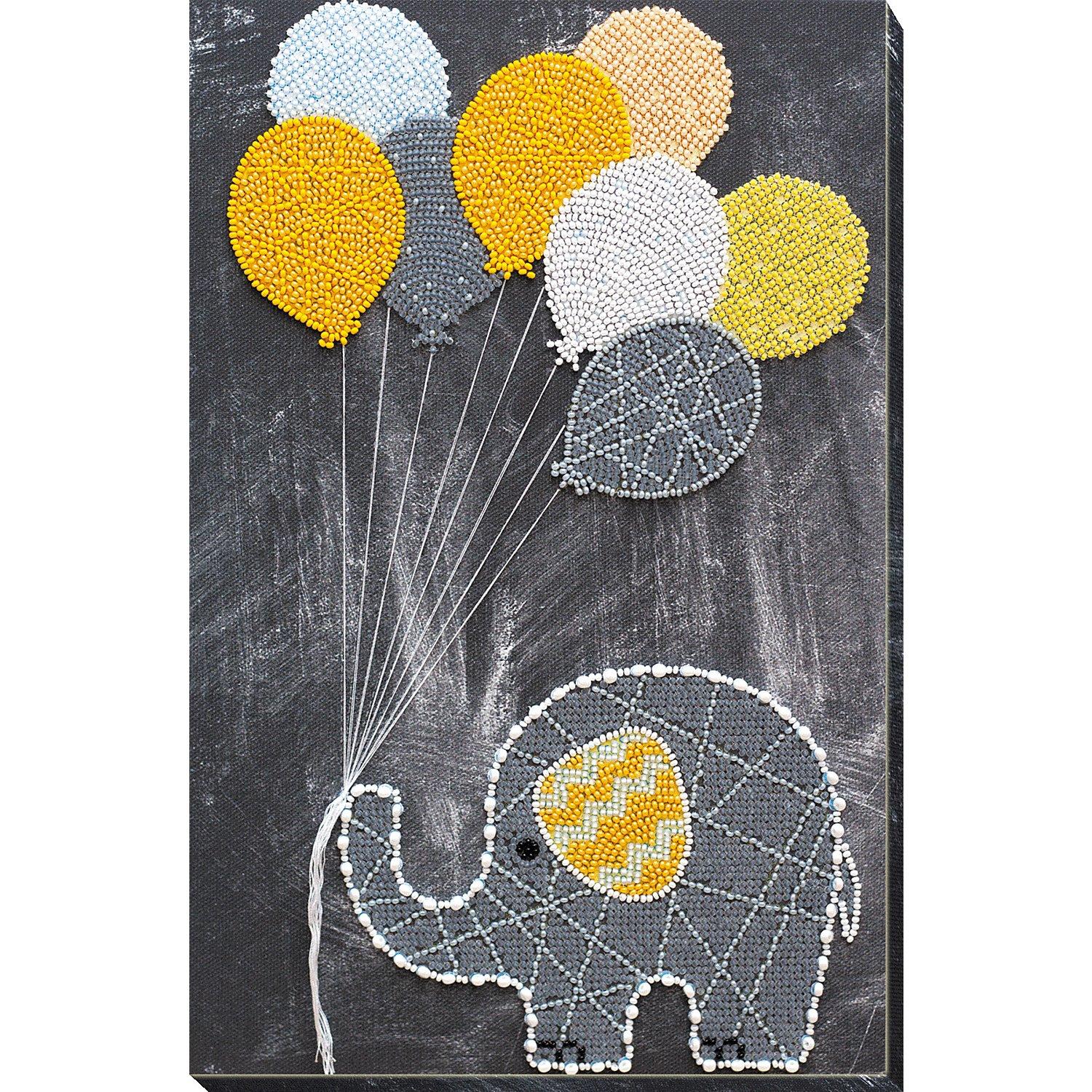 Perlen-Stickbild "Elefant mit Luftballonen", 21 x 32 cm