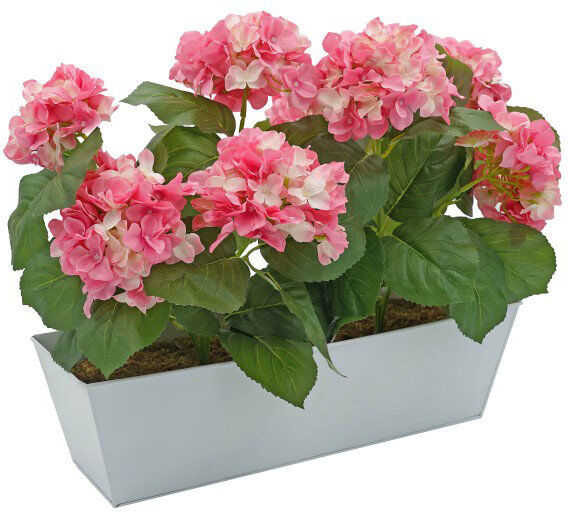 Lily Manor Artificial Hydrangea Flower in Tin Window Box (45cm) White/Pink