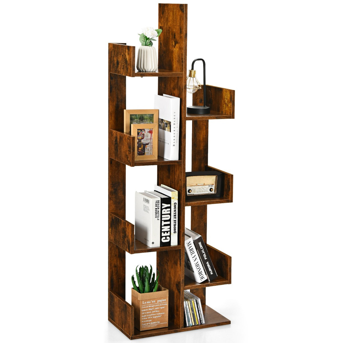 Costway Boekenkast in Boomvorm met 8 Vakken, Vintage Bruin, H 145 x B 50 x D 25 cm