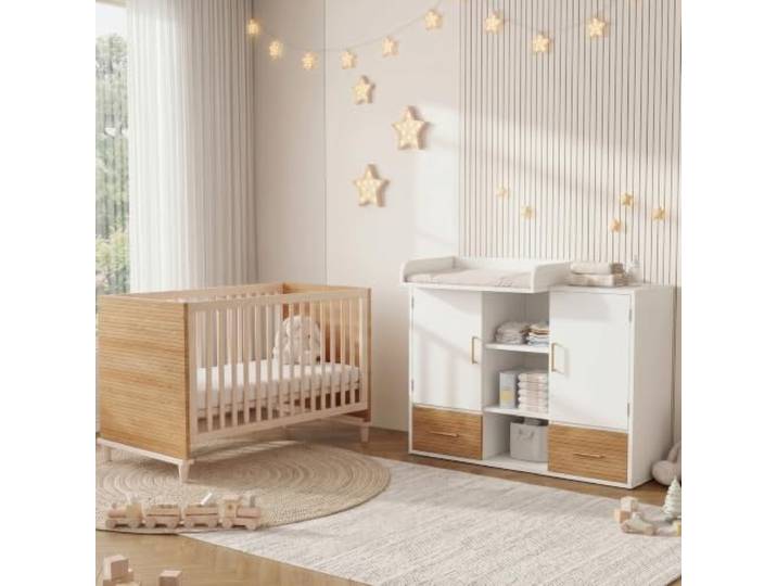 Aunvla Wickeltisch & Gitterbett Set, Babyzimmermöbel, Kinderzimmermöbel, Baby-Wickeltisch (114 x 53 x 92 cm), Wickelablage, abnehmbares Wickelgeländer, Babybett (70 x 140 x 87 cm), naturholzfarben
