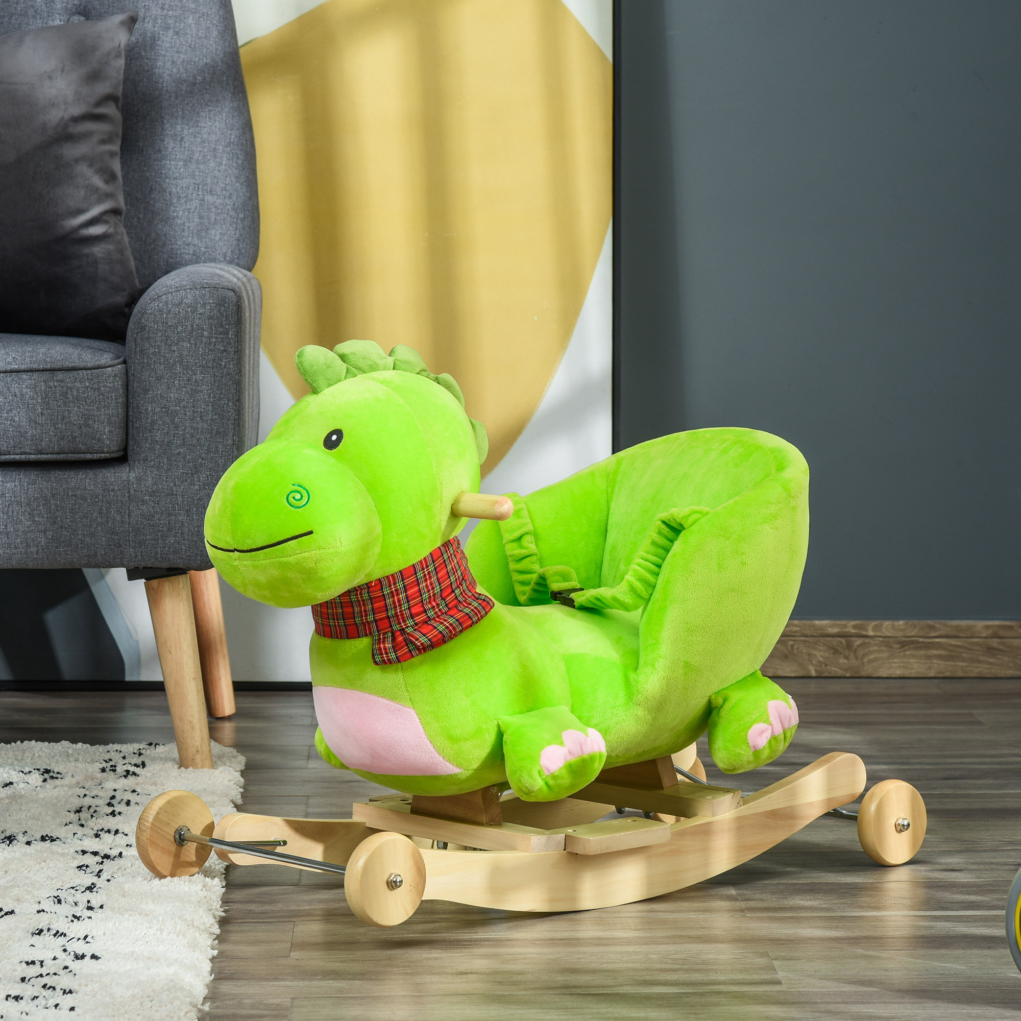Homcom Cavallo a Dondolo con Ruote, Cavalluccio a Dondolo Drago per Bambini 18-36 Mesi, in Legno e Peluche Verde Aosom