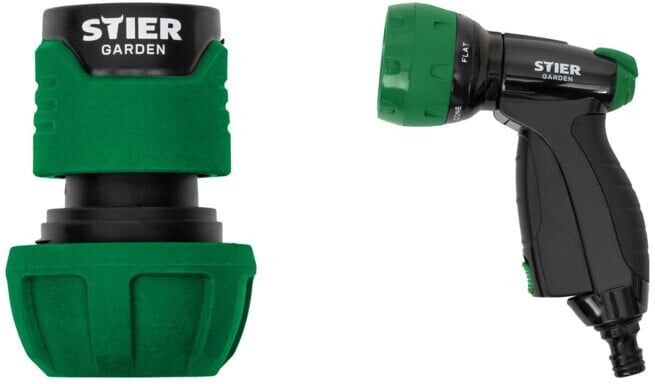 Set STIER Schlauchverbinder Wasserstop 16-19mm (5/8-3/4 Zoll) + Metallbrause Multi-Jet