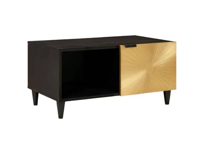 KUTYWEXFM Couchtisch Schwarz Gold 80 x 50 x 40 cm Holzwerkstoff Eleganter Sofatisch fürs Wohnzimmer mit geschlossenem Stauraumfach und stabilen kegelförmigen Beinen.