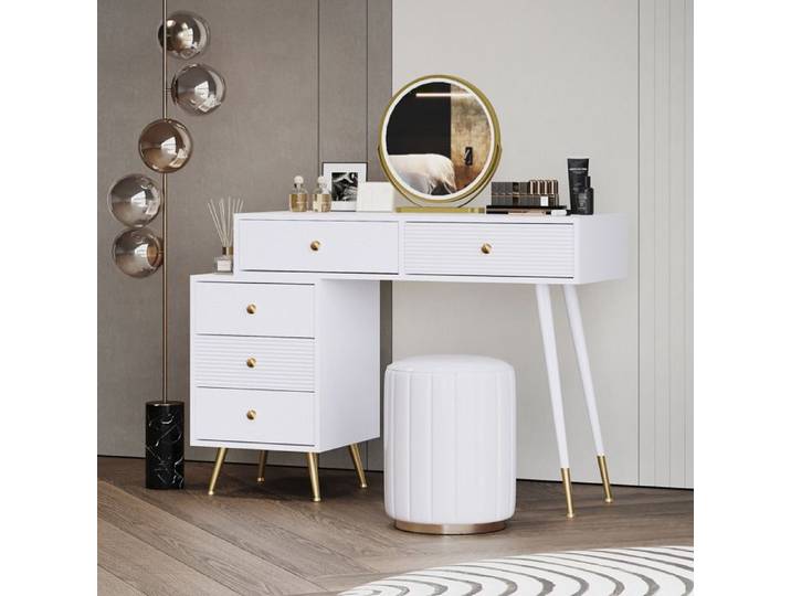 Coiffeuse 100x40 cm EVRYAE - avec Miroir LED Smart Touch Commode Extensible et Rangement Latéral - Blanc