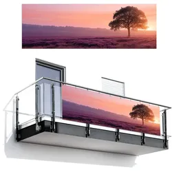 BALKON-SICHTSCHUTZ Baum - Heidekraut - Sonnenaufgang Windschutz 300x100 cm