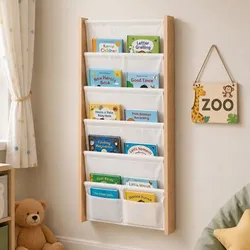Relaxdays Bücherregal Kinder mit Stofftaschen Wand Weiß,Hellbraun