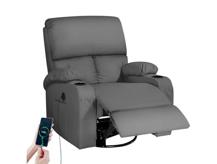 Schaukelstuhl mit Relaxfunktion Massagesessel mit Vibration und Wärme, USB- und Type-C-Anschlüsse, 360° drehbare Kunstlederstühle, Wohnzimmer, Schlafzimmer, Kinderzimmer, Wohnmobil, Dunkelgrau