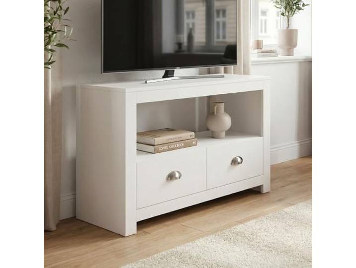 möbelando freiraum TV-Lowboard Weiß, 85 x 58 x 39 cm, TV-Schrank bis 55 Zoll, 2 Schubladen & offenes Fach, eckgeeignet