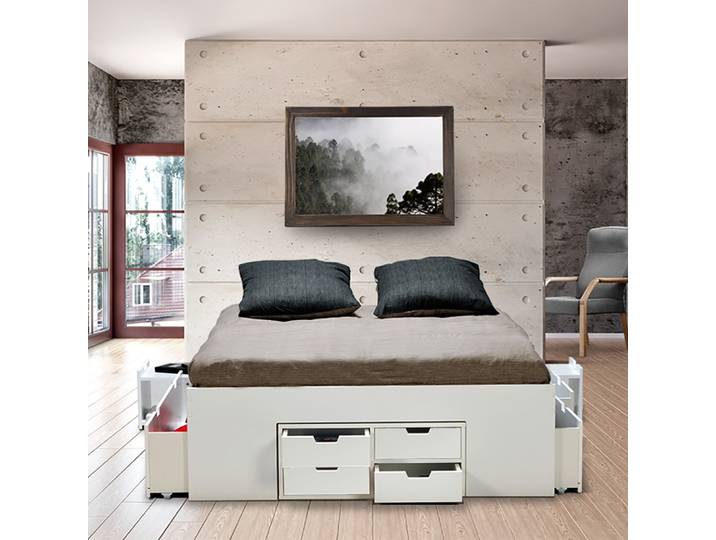 Le Quai Des Affaires - Lit Double Jazz 140x190 7 Tiroirs + 2 Chevets / Blanc/ 193x145x45