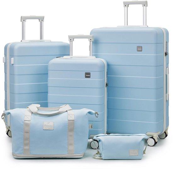 Koffer-Set, Hartschalenkoffer, ABS, Trolley mit 4 Rollen - 5-teiliges Set inklusive Kosmetiktasche und Tragetasche - Blau - Ideal für den Urlaub