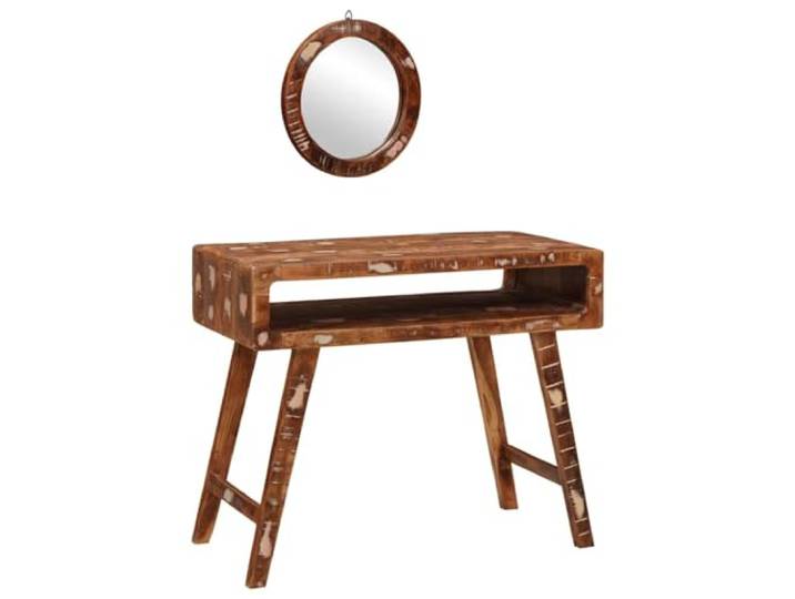 Xhnifbn Schminktisch mit Spiegel Braun 90x76x45cm Massivholz Altholz Kompakter Frisiertisch aus Altholz fürs Schlafzimmer. Großzügige Ablagefläche und integrierter Flachspiegel für Make-up.