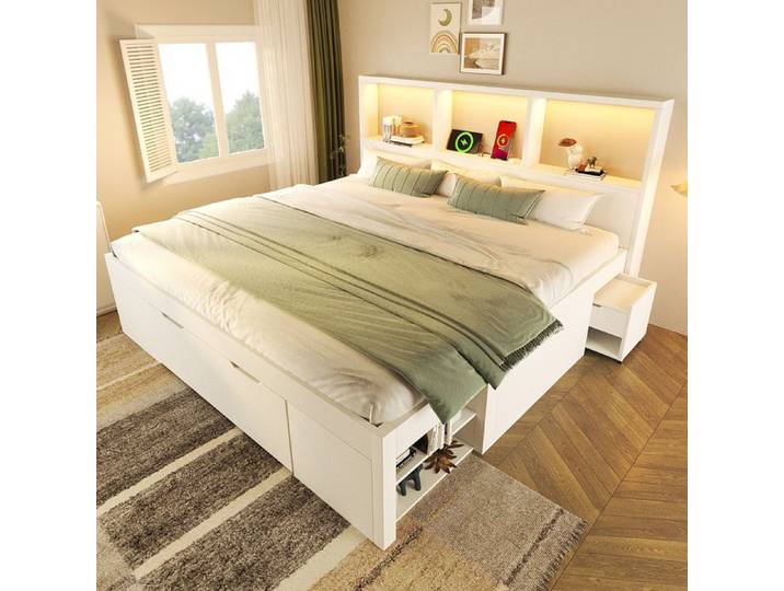Lit Adulte Lit Double Tiroirs Étagères Table De Chevet LED Et USB-c Bois 140x190 cm Blanc