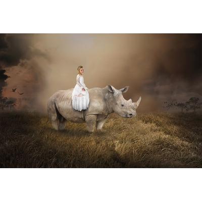 Fototapete PAPERMOON "Surreales Mädchen, das Nashorn reitet", bunt, B:3m L:2,2m, Vlies, Tapeten
