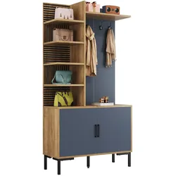 OKWISH Flurschrank mit Haken, verstellbarer Ablage, 4 Seitenablagen, Metallbeine, 100x40x190 cm, Holz und Schwarz